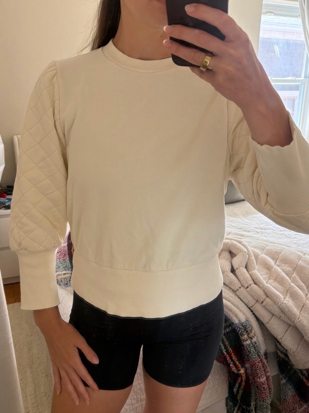 Cream Quilted-Sleeve Women’s Sweatshirt